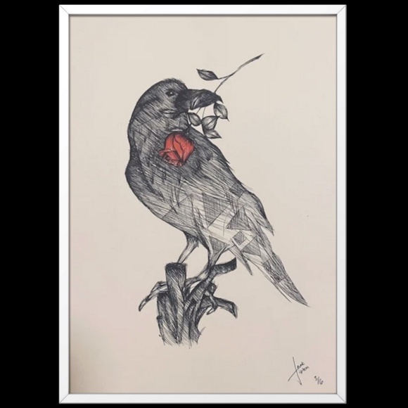 Raven with a Rose Drawing - Picture 2 of 3